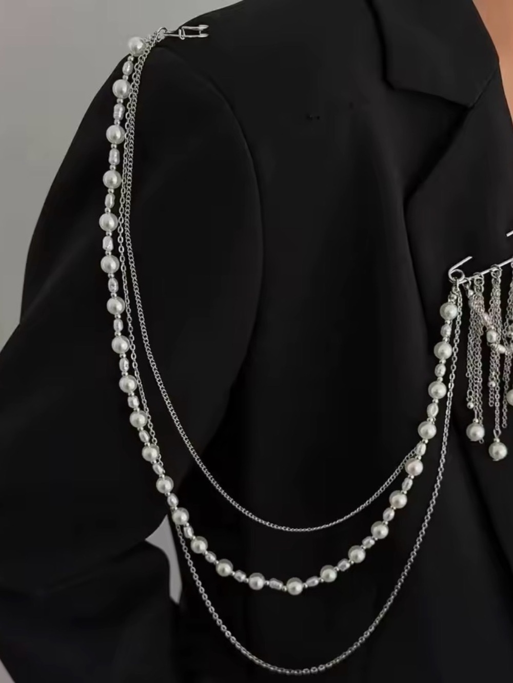 Silver Faux Pearl Multi-Chain Brooch - Picture 3 of 7